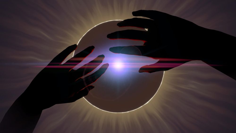 An image from Lumines Arise showing what appears to be two hands holding an orb. Or perhaps the hands are shielding the light from an eclipsed sun...