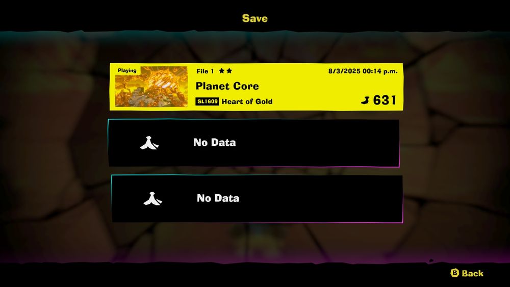 An image of the save file screen showing 631 bananas collected and two of the three profile stars.