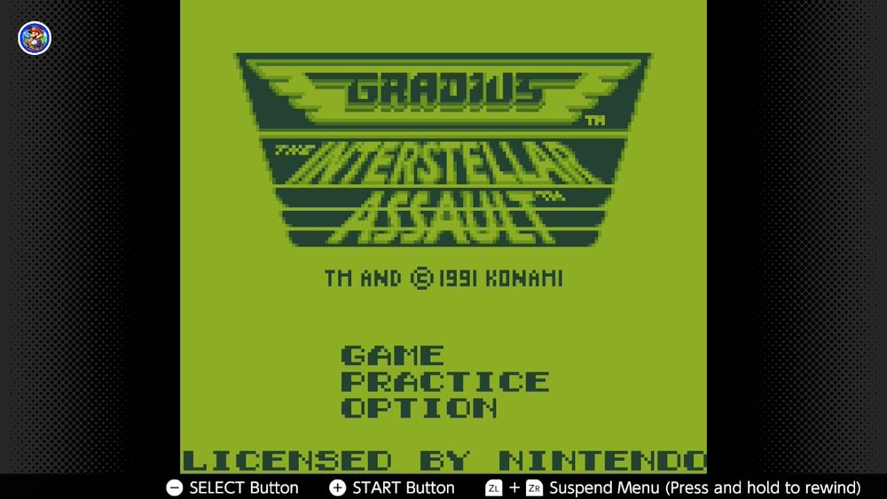 An image of the title screen for Gradius: The Interstellar Assault for Game Boy.