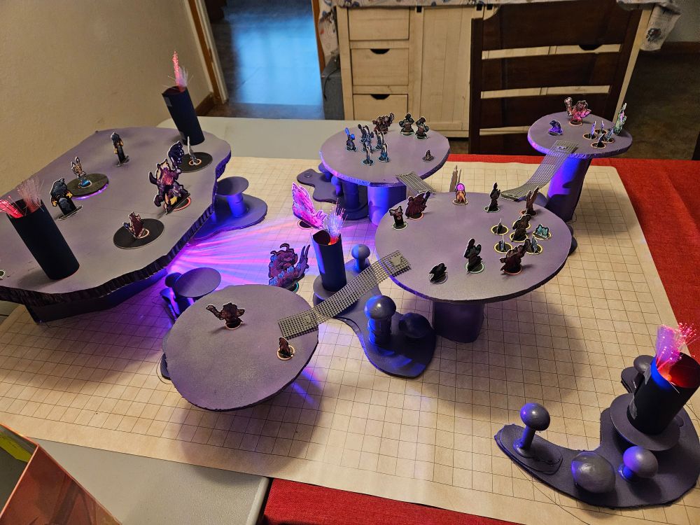 Battlemap with purple mushroom platforms and a slew of goblin paper minis with sinister magical lights coming from below