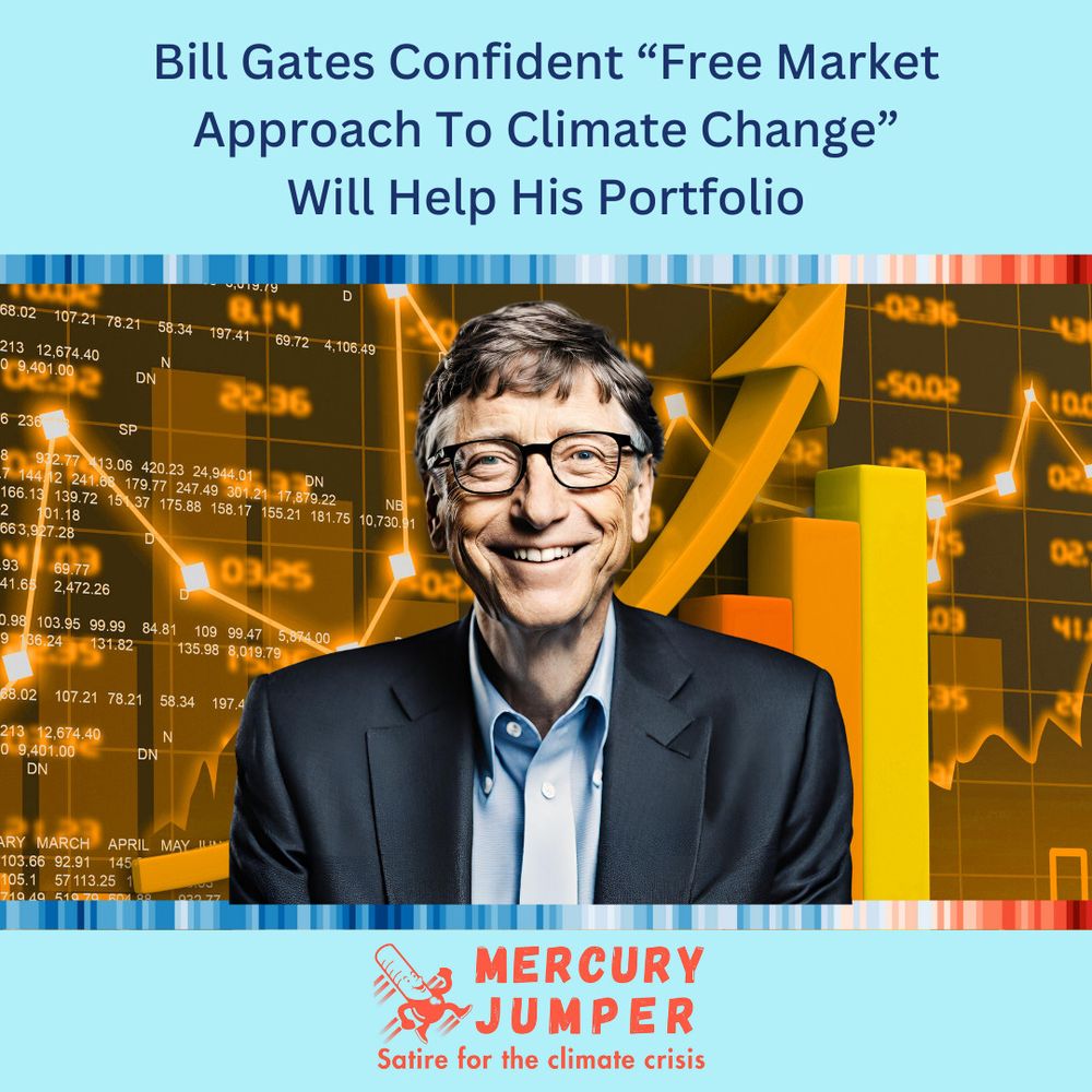 Bill Gates in a suit in front of digital-looking upward arrows, bars, and numbers