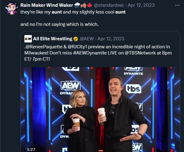 tweet calling Renee Paquette and RJ City my aunt and my slightly less cool aunt