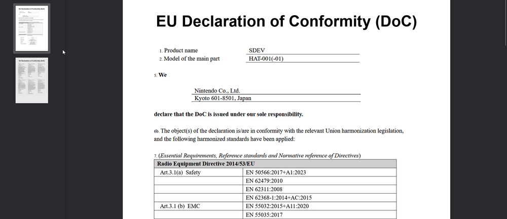 Two-page PDF document, EU Declaration of Conformity (DoC) for SDEV (HAT-001(-01)), the pages include text and tables only.