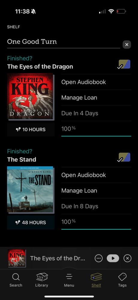 Screenshot of audiobooks recently finished on the Libby app, including “The Stand” and “The Eyes of the Dragon” by Stephen King. 