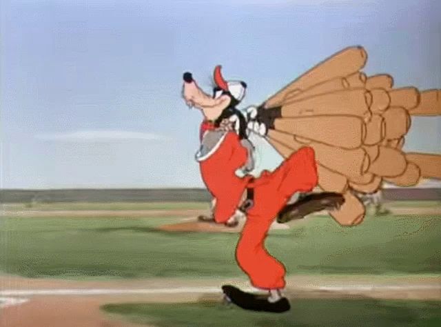 a cartoon of goofy carrying a bunch of baseball bats on his back