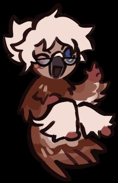 A brown anthropomorphic-bird character donning half-circular glasses. They seem joyous, sitting over their feathered tail with legs propped up. A hand is raised. 