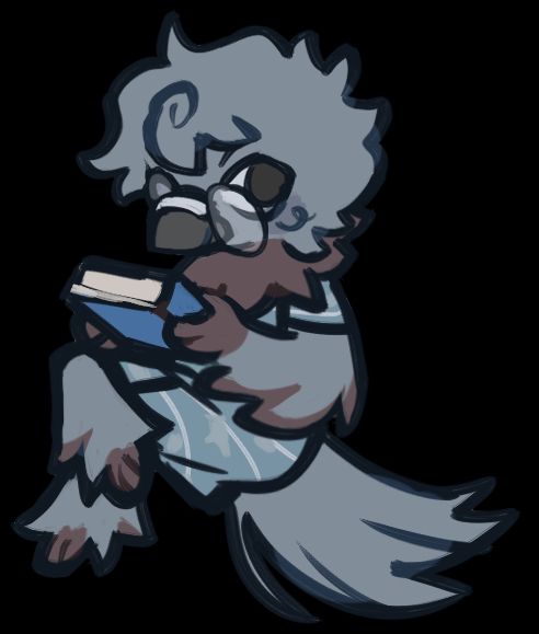A gray anthropomorphic pigeon chibi created by cielfish. It dons some round glasses with a slightly floral, blue dress. The character holds a blue-covered book, crossing its legs.