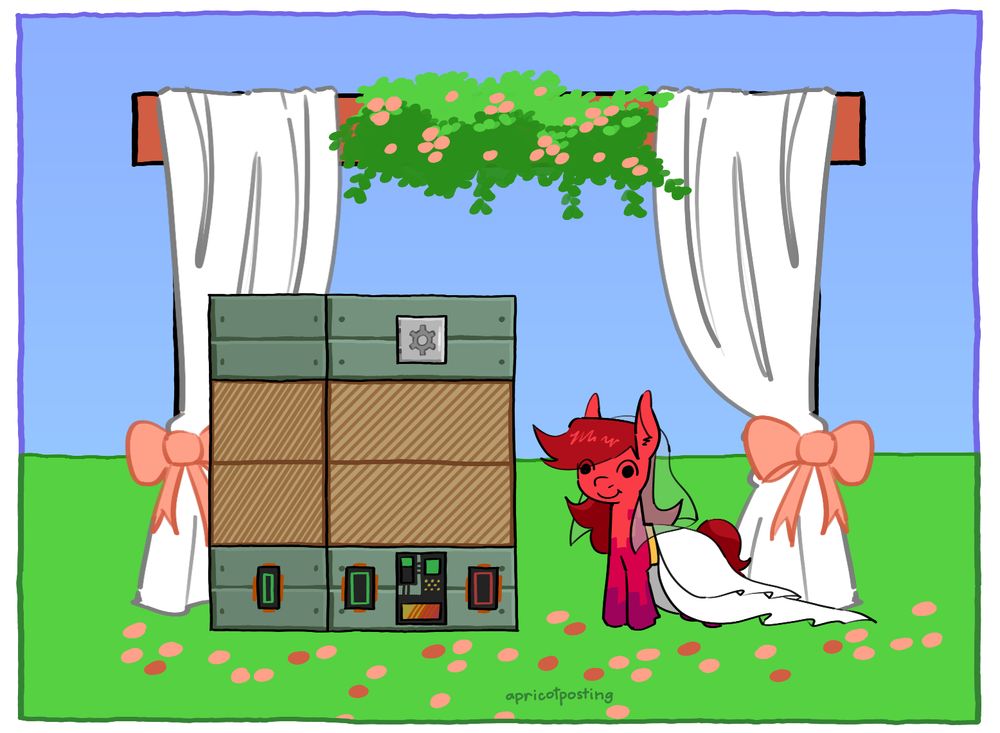 a drawing of apricot jam in a wedding dress at a wedding venue, next to the electric blast furnace from gregtech, a minecraft mod.