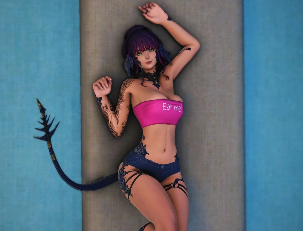 Final Fantasy female Au'Ra character,wearing a small pink top and tight jean shorts, laying on her back on a bench