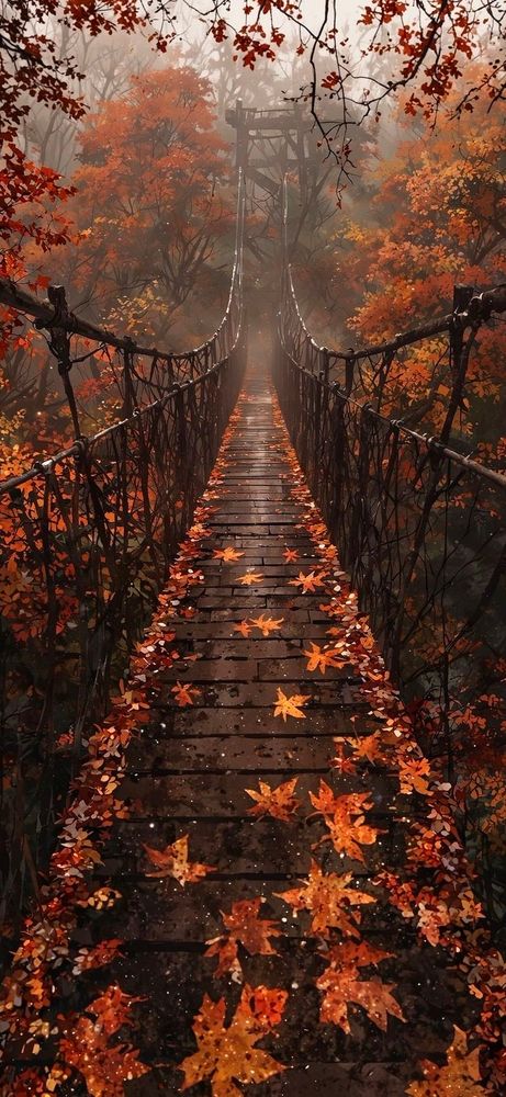 A long foot bridge covered in orange leaves and surrounded by the by autumn foliage. There is fog in the distance at the end of the bridge.