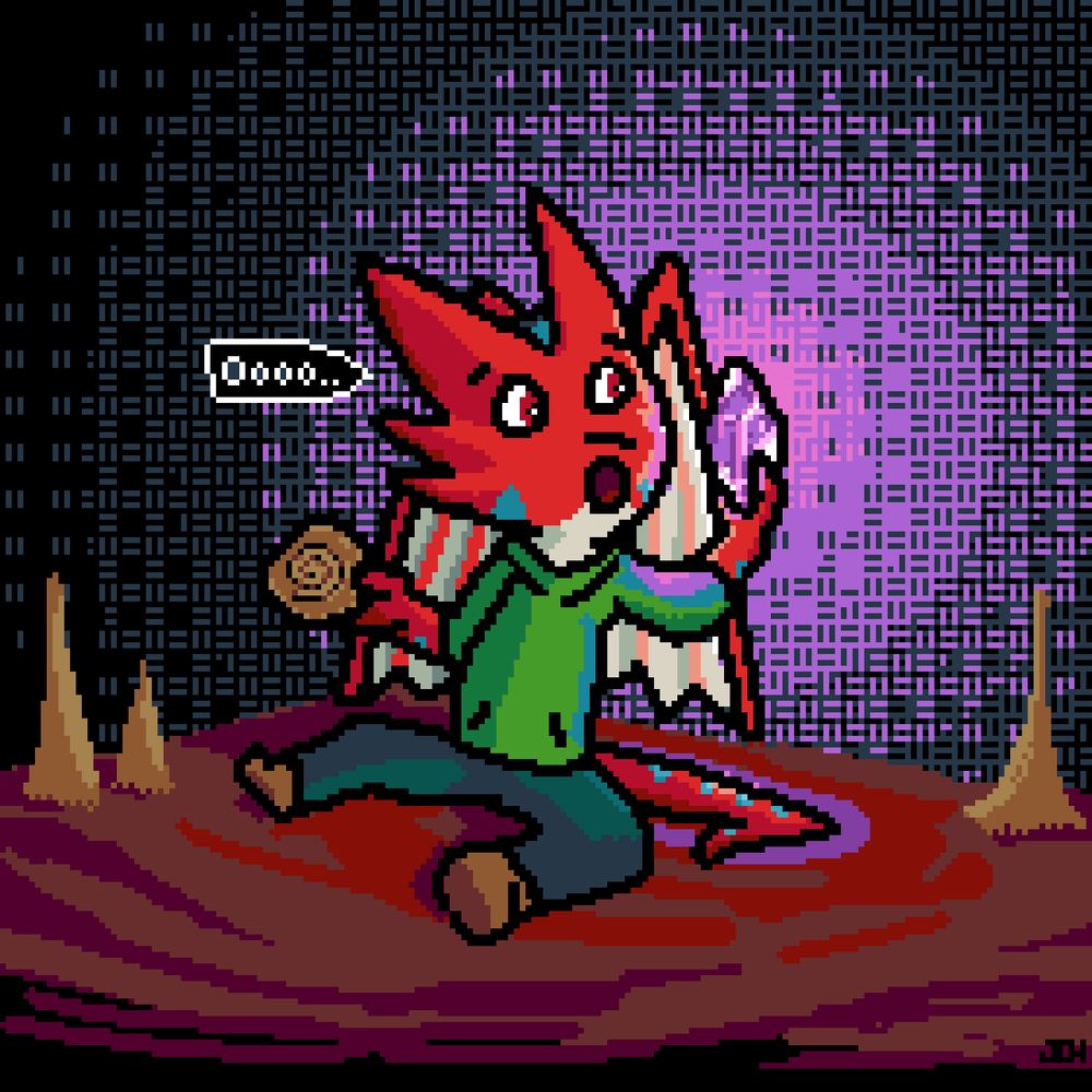 You see a red dragon wearing blue pants and a green hoodie as they hold in their hands a crystal and a fossil, though the crystal is shiny and definitely seems to be showing more interest in the shiny thing. 