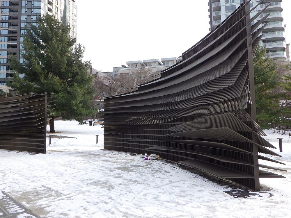 The victims of communism memorial in ottawa. It's a bunch of rebar arranged to look like, uh, you know when those rotating blinds are broken and are angled in different directions? Except it's huge