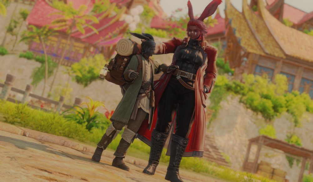 a wide shot of remember and erenville in tulliyollal. remember is reaching down with a grin to mess up erenville's hair, while he raises his arms to try and shoo them away.