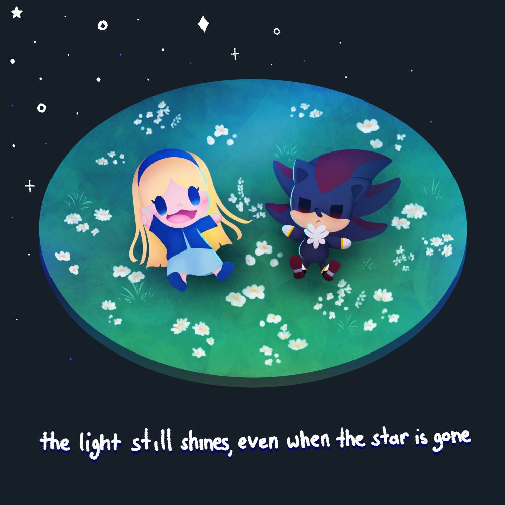 Chibi-Ish Maria and Shadow the Hedgehog laying in a grass field. Maria is pointing towards the sky and theres a caption at the bottom that states "the light still shines, even when the star is gone."