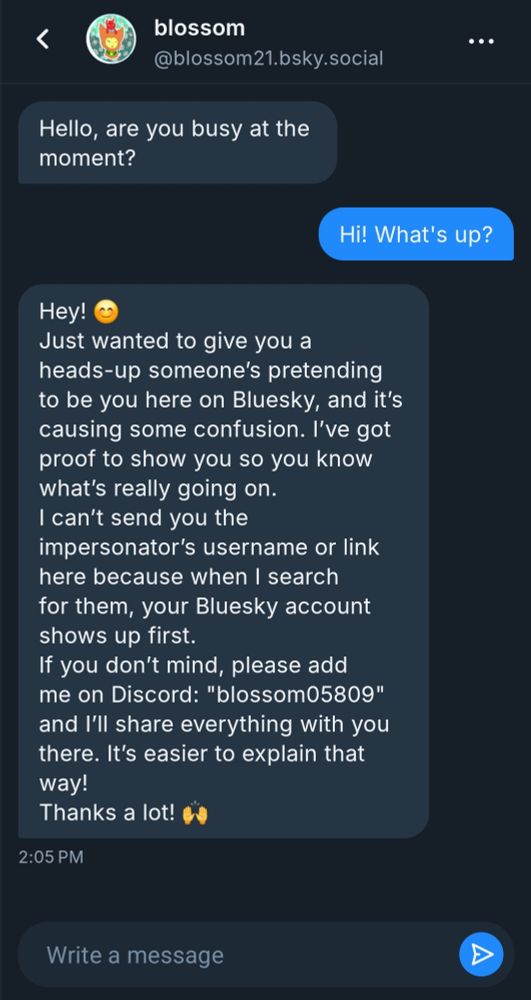 Screenshot of DM exchange of a scam where a hacked user tries to pull you into a discord conversation under the guise of helping you with an imposter 