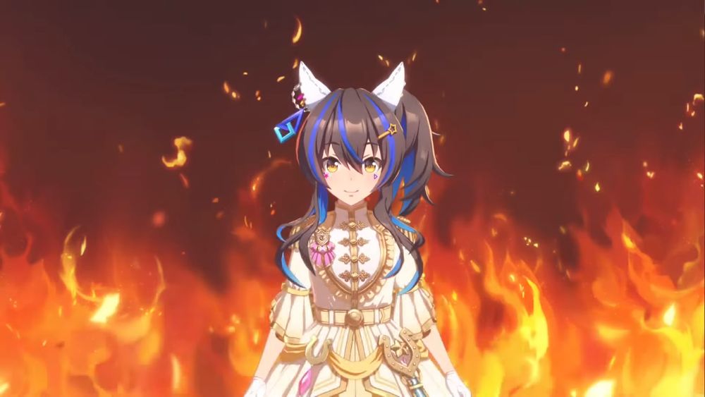 Daitaku Helios (the uma musume) in front of a background of fire and burning that I assume is meant to be hell. I'm pretty sure it's just fucking hell, right. Why does she have this blank stare on her face. Why are you smiling. There is nothing to express satisfaction with here.