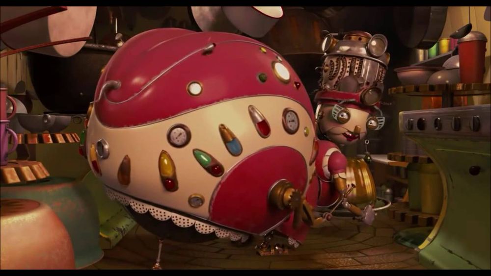 Aunt Fanny from the movie Robots 2005. She is a reddish-pink and light tan colored robot with a large bottom, so large that it trails behind her like a wagon. 