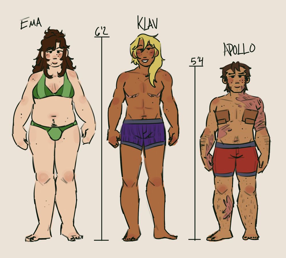 ema, 6’2, wearing a green bra and underwear 
klavier, 6’2, top surgery scars, wearing purple boxer briefs
apollo, 5’4, covered in burn scars, chest bound with tape, wearing read boxer briefs
