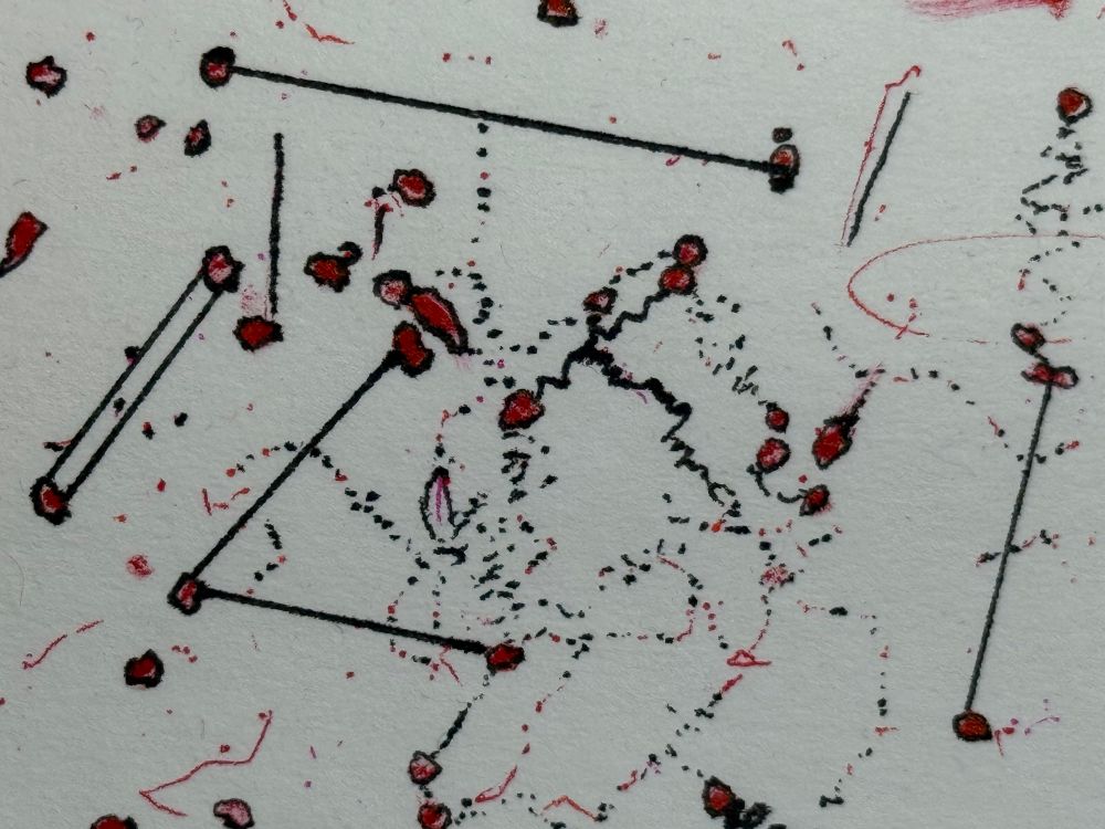 Close up of a drawing I made with lots of dots and lines that ‘could’ be interpreted as neural connections 