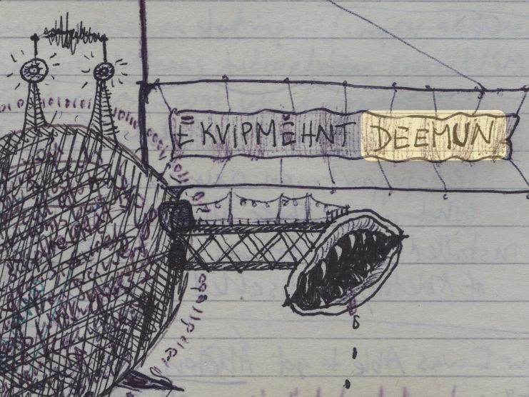 The Ekvipehnt Deemun is a pen and ink drawing I made in my studio notebook after I had suffered through multiple bouts of mechanical chaos, all sorts of mysterious problems that seemed to get better once I thought I had them figured out, yet caused another problem. It’s almost impossible for me to describe this image, but it’s a round crosshatched body with text inside (crossed out) with some kind of girder structure, sticking out on the right side of a giant pair of lips and teeth (which is drooling down into a pile which you can’t see at this point which has the words “mechanical chaos”).