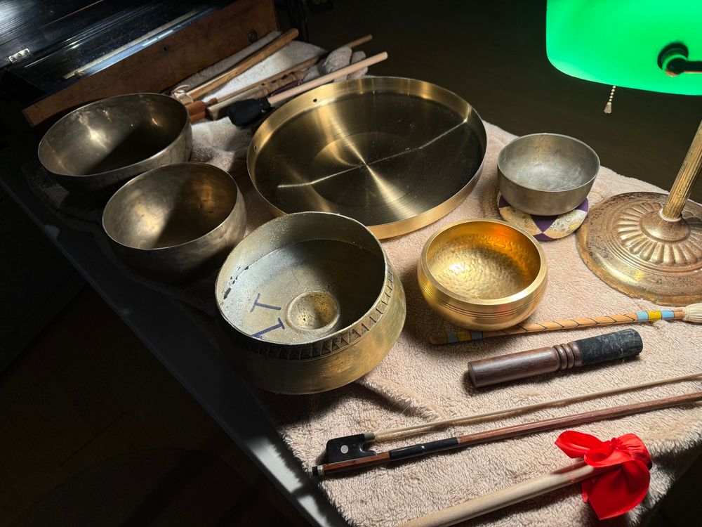 A shot of the gongs, singing bowls, mallets as I had it set in the performance 