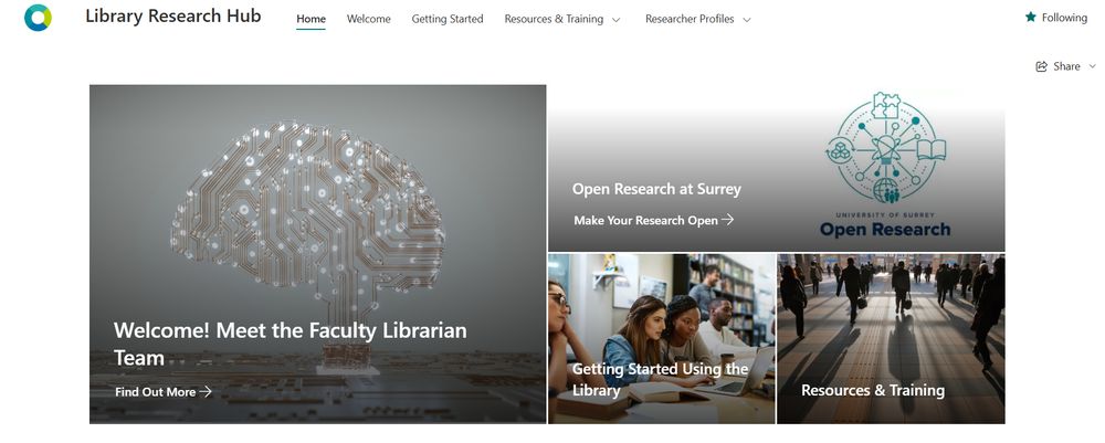 Screenshot of Library Research Hub homepage, with title, Menu with Home, Welcome, Getting Started, Resources and Training and Researcher Profile at the top. To the right, a coloured star and the word Following. Below this a Share button. To the centre left, a picture of a brain made of circuits and lights, with the text Welcome! Meet the Faculty Librarian Team, to the right a group of three boxes, the top titled Open Research at Surrey, the bottom left Getting Started Using the Library, to the right Resources & Training