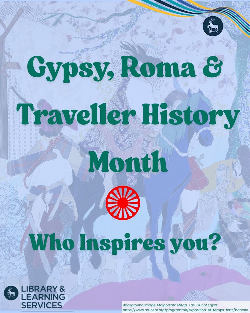 In the background is an image Małgorzata Mirga-Tas’ Out of Egypt. The image was taken from a website and in the corner is the link for it. In the bottom left corner is the Library logo. In the top right corner is the official branding ribbon in University of Surrey colours which are yellow, turquoise, black and dark blue. Beneath the ribbon is the Stag logo of the University. 