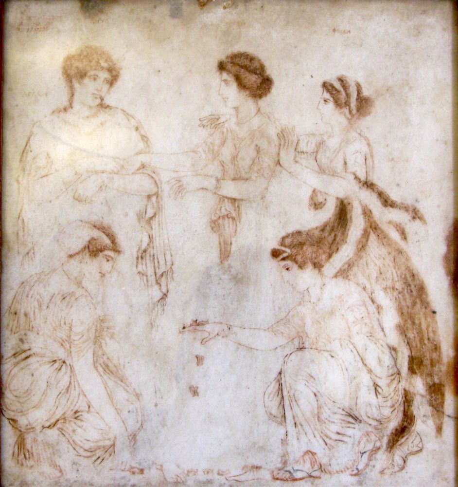 The scene is thought to relate to the great wrath that fractured the friendship of Leto and Niobe. Niobe praised her own children and mocked Leto’s. Leto wasn’t having it and asked her children (Apollo and Artemis no less) to take revenge. Ileira and Aglaia play without seeming to realise the tragedy that is about to befall them. 

This fresco is signed by Alexander of Athens in the upper left corner and is now held in the MAN Napoli (inv. 9562). While only the outlines remain today, the remains of paint suggest this was originally a richly polychromic scene.