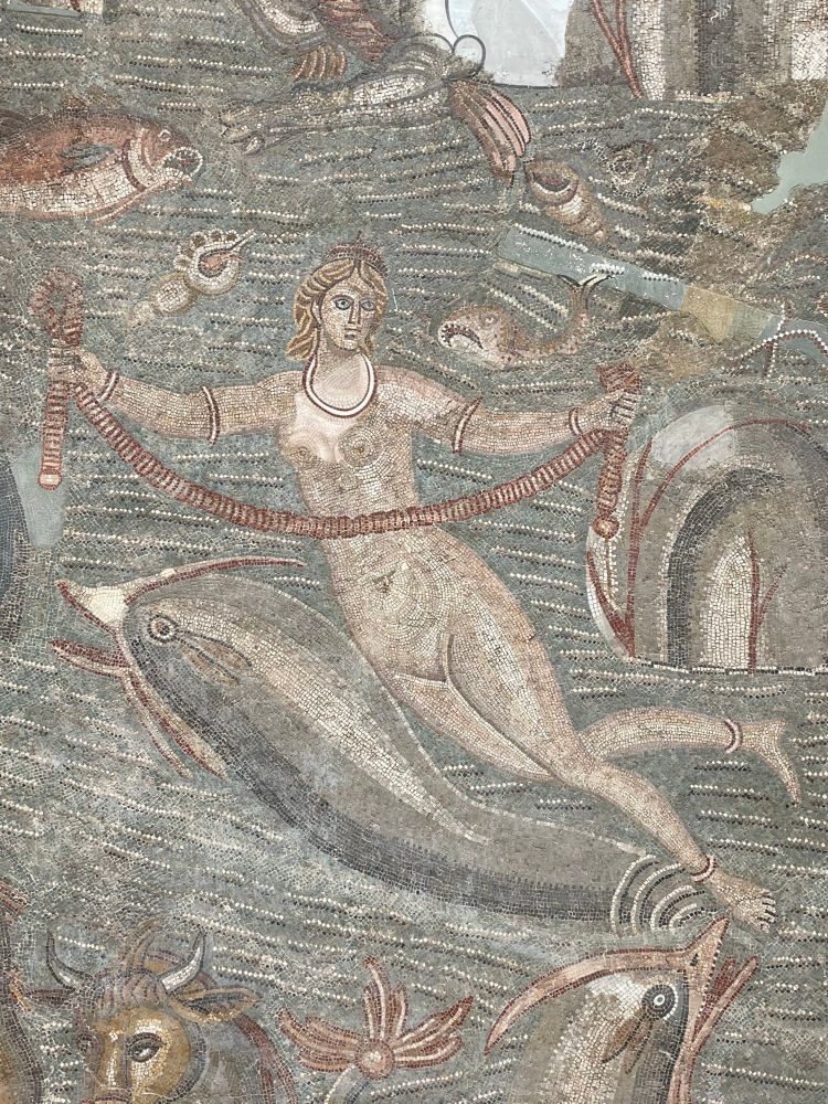 Mosaic shows a marine scene populated by various fish, shellfish, and what looks like a bull in the lower left corner. Two angry looking dolphins appear to swim near the central figure, a goddess nude except for jewellery and holding a substantial rope. 