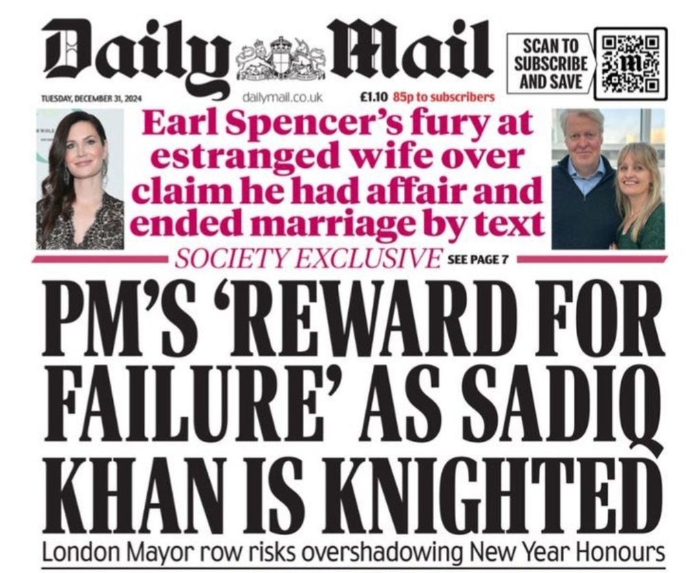 Daily Mail headline: reward for failure as sadiq khan knighted