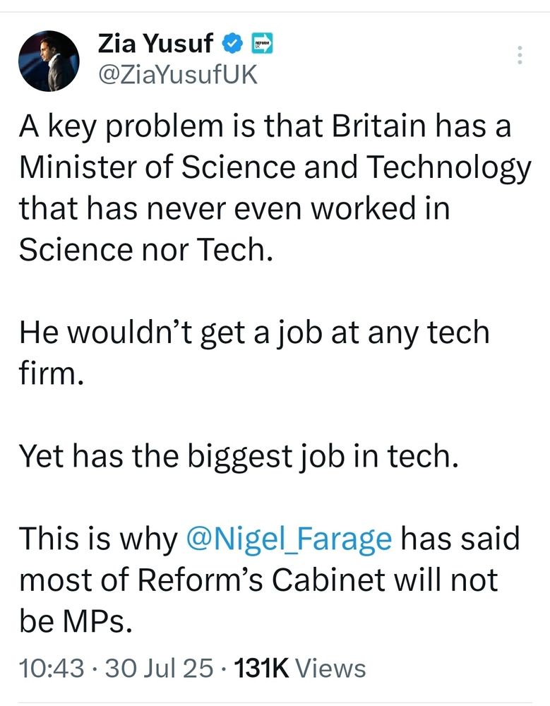 Zia Yusuf tweets that the problem is Britain has a Science Minister who has never worked in science or tech