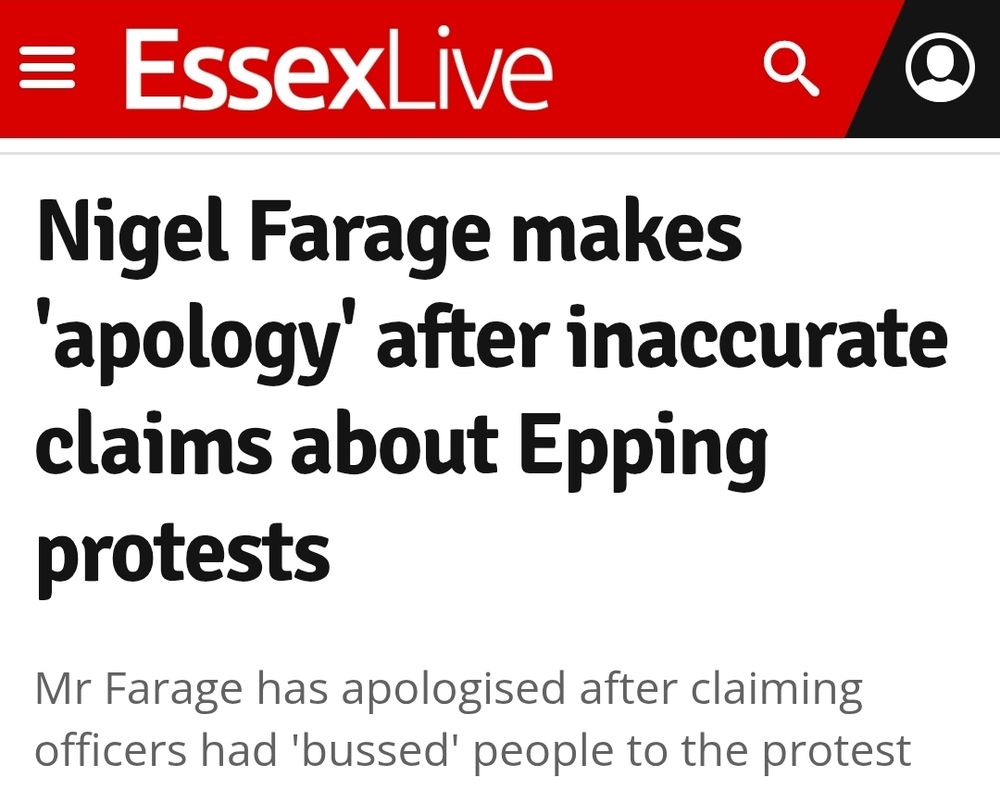 Headline says nigel farage makes apology (in inverted commas) after inaccurate claims about Epping protests