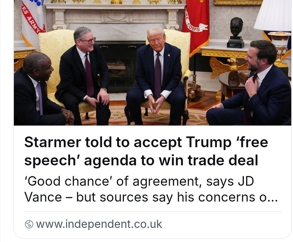 Headline says Starmer told to accept Trump free speech agenda to win trade deal