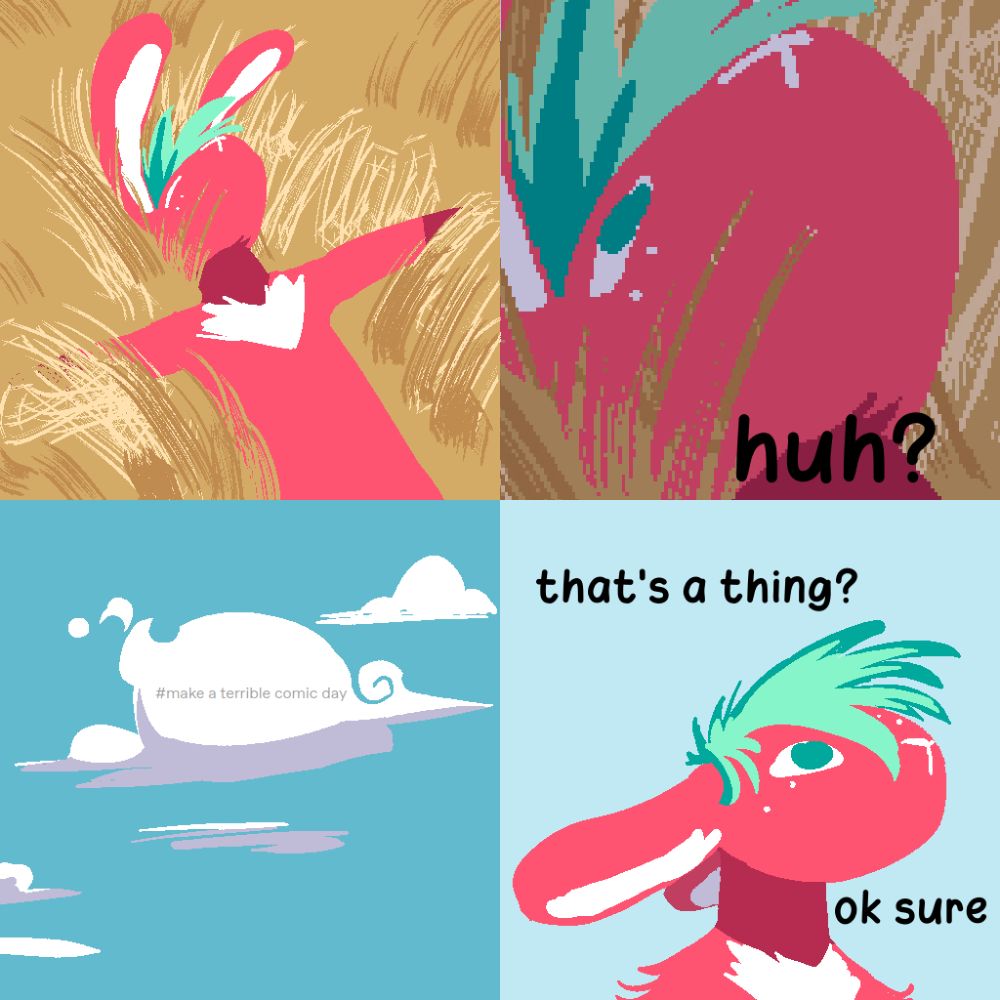 a comic.
panel 1: Scratch laying in a field of dry grass
panel 2: a shadow passes over. "huh?"
panel 3: it's a cloud, and there's a tag from a tumblr post on it. "#make a terrible comic day"
panel 4: "that's a thing? ok sure". Scratch gets up, presumably to make this comic