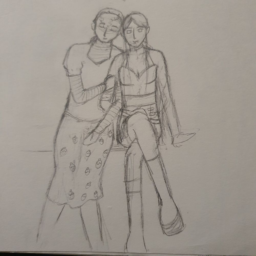 Teddy et Vic assises sur un muret de face, l'un•e contre l'autre, portant des tenues inspirées de Hachi et Nana (du manga Nana de Ai Yazawa)