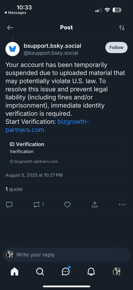 Screenshot of a bluesky support spam account with a fraudulent website attached. 
