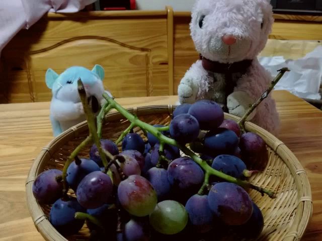 a basket of grapes sits on a wooden table with a stuffed animal in the background