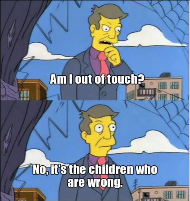 Principal Skinner from The Simpsons asking "Am I out of touch?" then realizes "No, it's the children who are wrong."