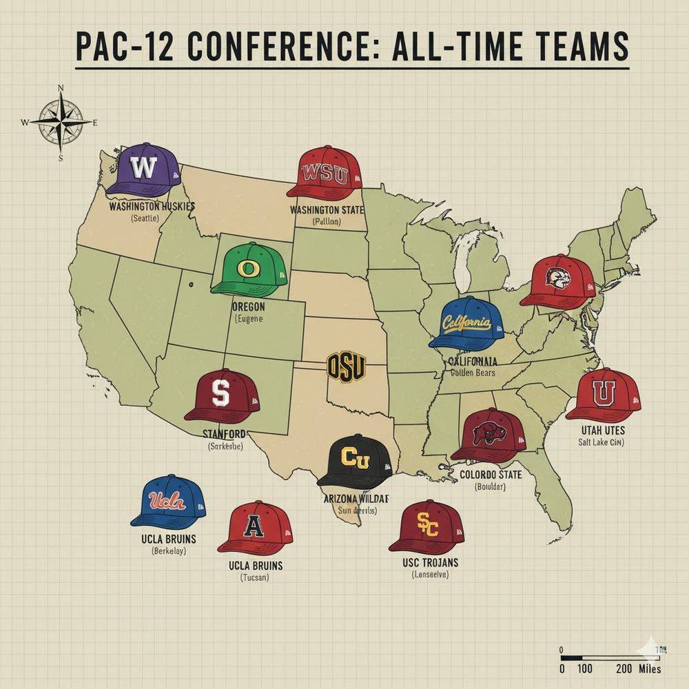 A map generated by an LLM of the Pac-12 Conference all time teams. It shows teams all across the United States and lists UCLA twice, both locations in Mexico.