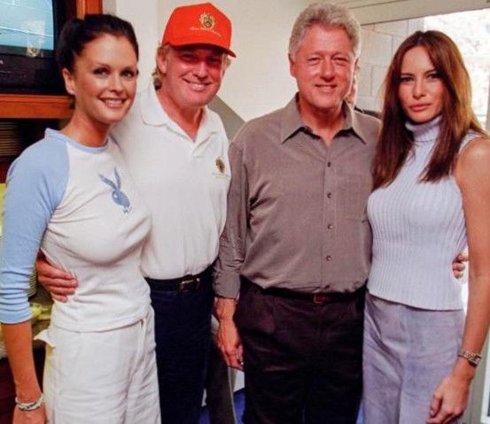 Buddies Donald Trump and Bill Clinton pictured in y2k with Melania trump and some swimsuit model wearing a Playboy bunny baseball shirt 🤷‍♀️