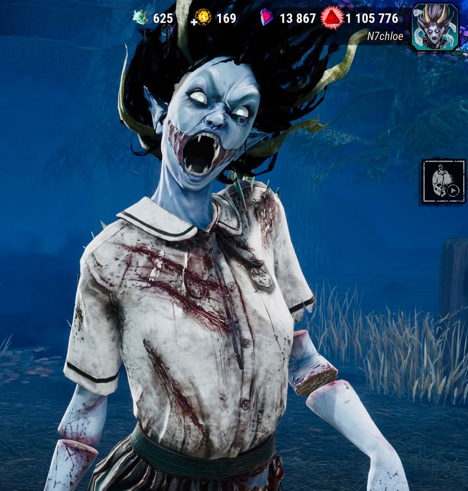 the spirit from dead by daylight wearing a black and white school uniform, her hair is sticking up with bits of seaweed attached, she has fangs and gills on either end of her mouth. 
