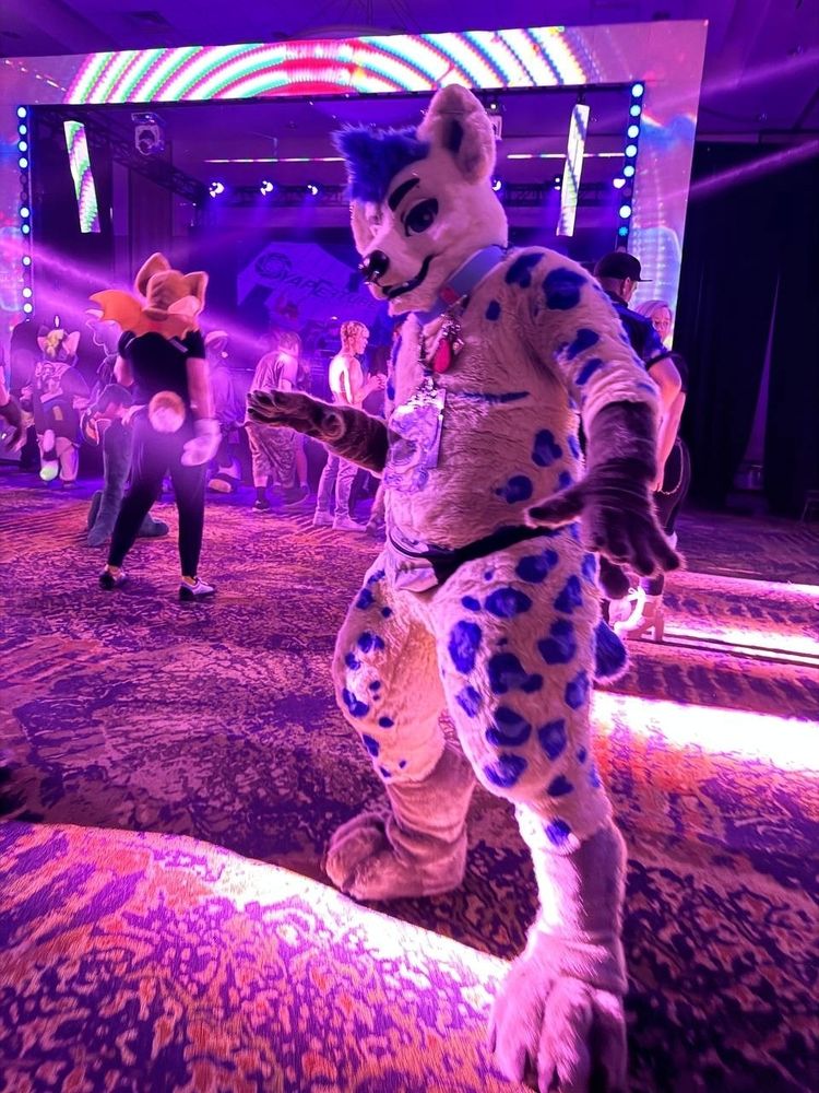 Photo of me in fursuit. My fursuit is a light brown spotted hyena with blue spots