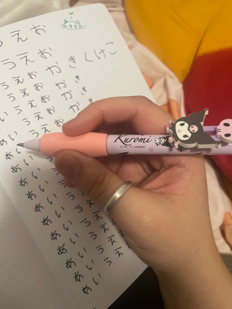 ein journal mit japanischen schriftzeichen (hanji), immer wiederholt um zu üben
der stift ist ein lila kuromi gel schreiber mit ergonomischem pinken grip
ich habe am daumen einen silbernen ring