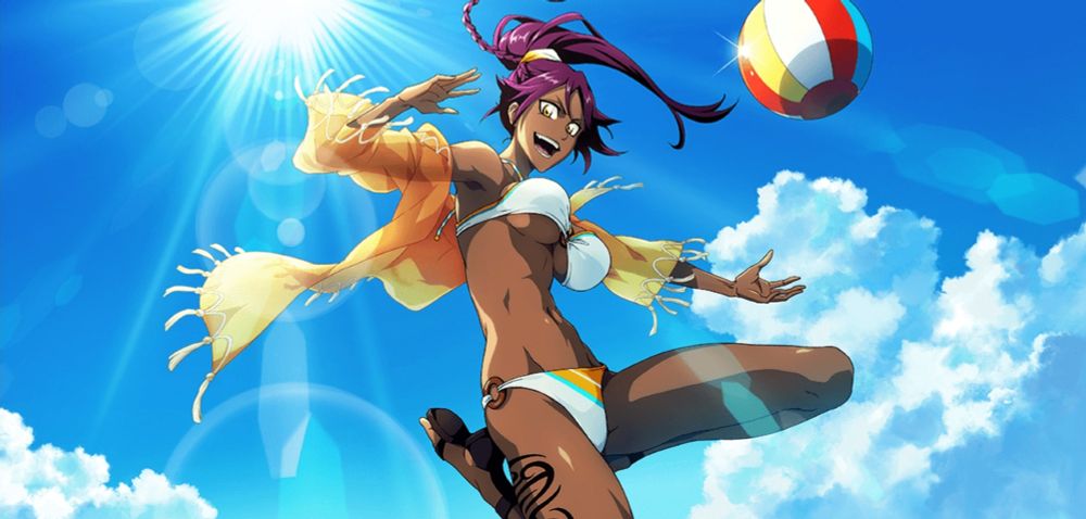 Image of Yoruichi Shihoin in a swimsuit from the mobile game Bleach: Brave Souls, depicting her jumping in the air with a beach ball.