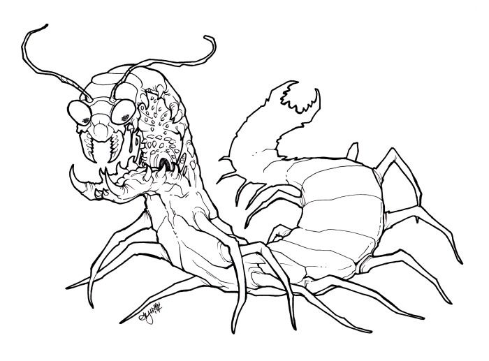 A bug creature that is a combination of a centipede and a praying mantis.