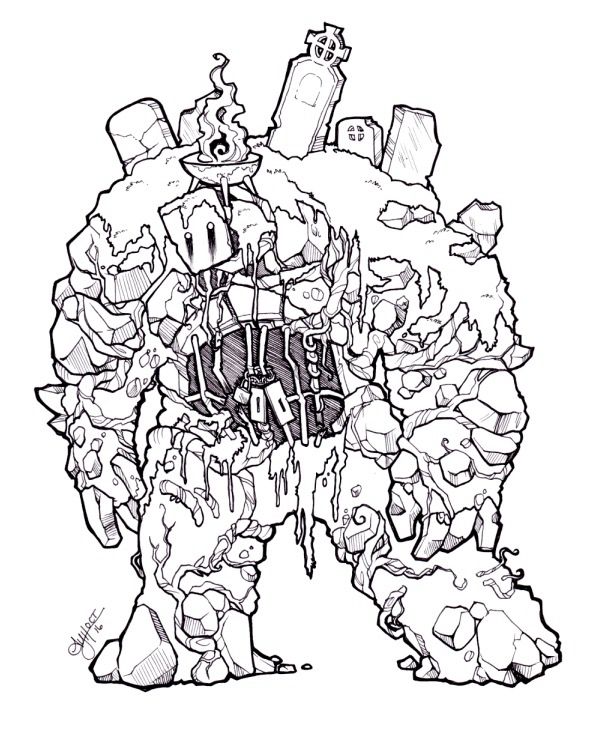 An earth elemental or golem made from the remains of a cemetery. It has an empty hollow in its chest covered by a mangled iron gate and has gravestones and a brazier on its back.