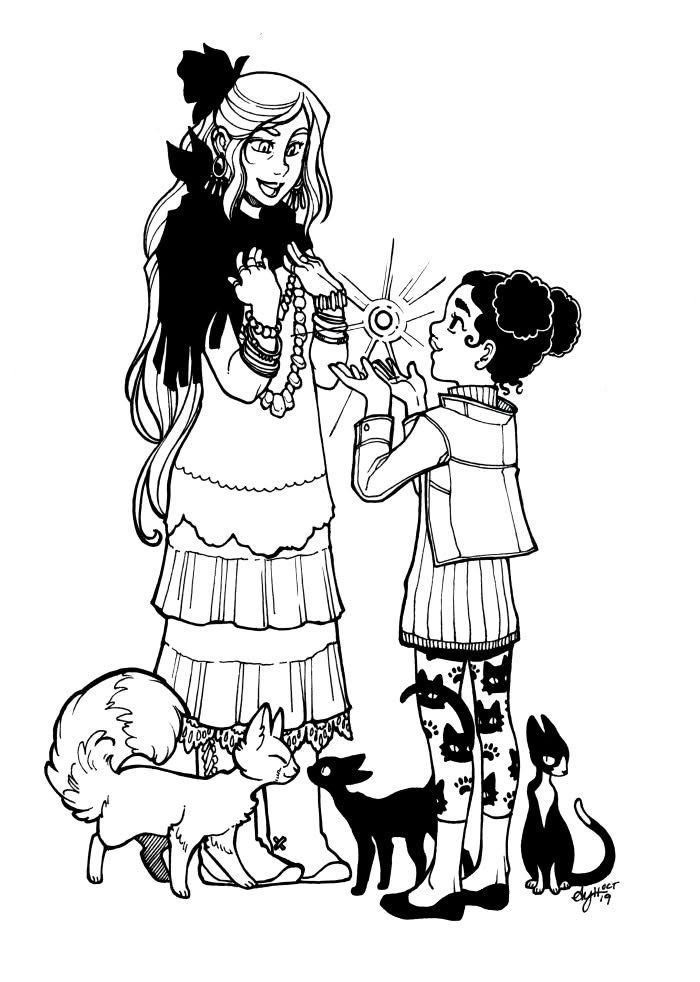 The crystal witch is now an older woman, watching with delight as a child witch casts a light spell for her. The young witch has two cat familiars, one of which is turned away disinterested while the 2nd touches noses with the elder witch’s cat.