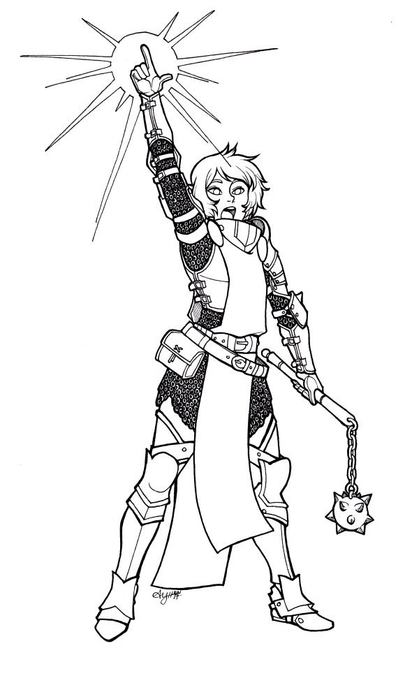 A woman cleric in full plate and tabard holding a spiked flail in her off hand. She is pointing to the heavens while casting a divine spell.