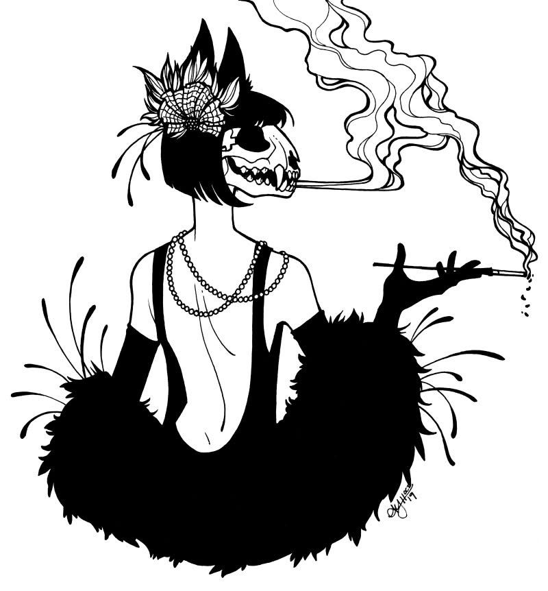 Flapper Doot, viewed from behind. She is blowing out a stream of smoke from her cat skull face while she holds a cigarette in a holder.