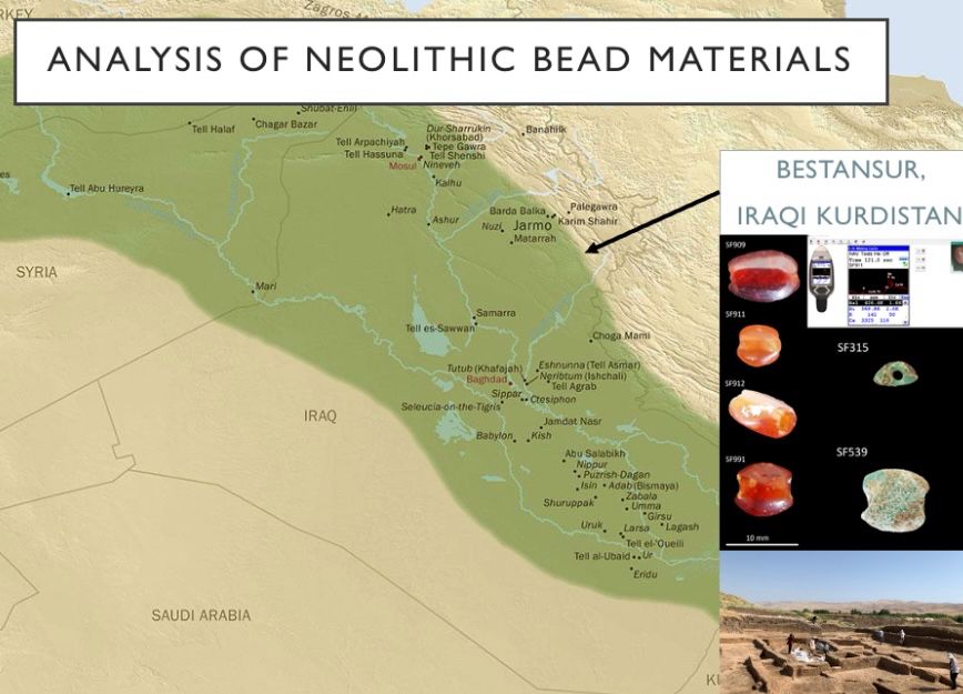 A map of the Fertile Crescent, with inset images of beads and the archaeological excavations at Bestansur.